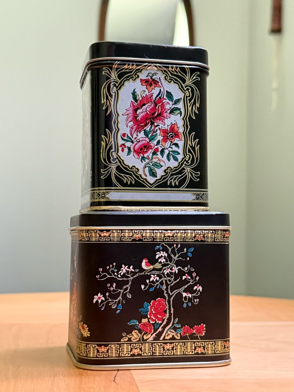 Set of 2 Vintage Chinese Style Art Metal Storage Trinket Candy Tins Peonies